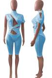 Light Blue Solid Hollowed Out Patchwork See-through Asymmetrical Half A Turtleneck Skinny Rompers