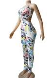 White Sexy Print Hollowed Out Graffiti Patchwork Halter Skinny Jumpsuits