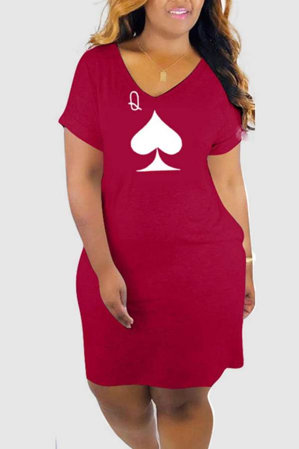 Red Casual Print Patchwork V Neck Straight Dresses