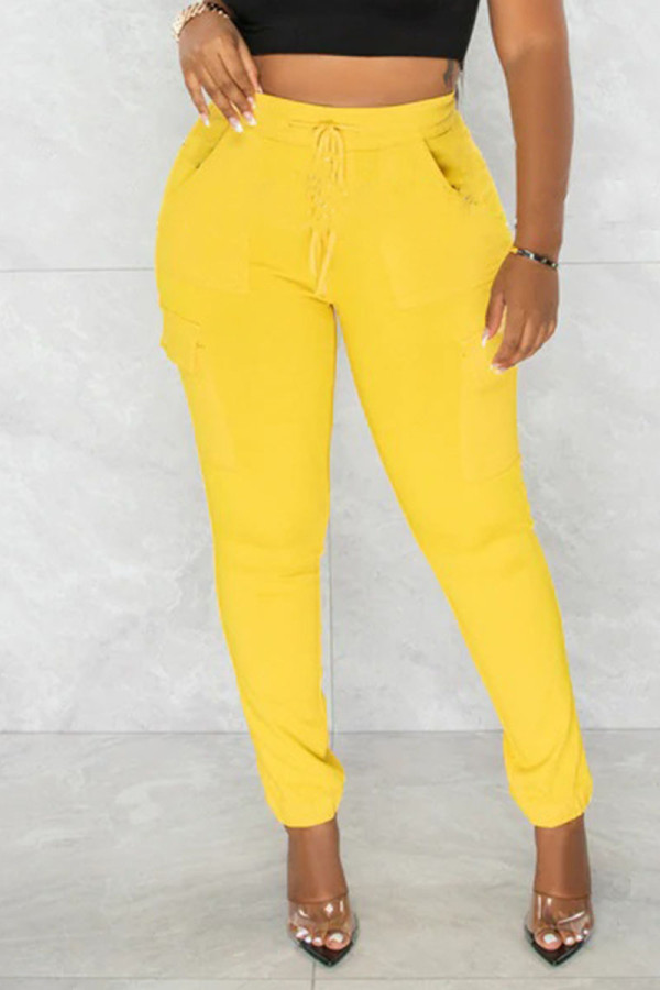 Yellow Casual Solid Patchwork Pocket High Waist Pencil Solid Color Bottoms