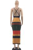 Red Sexy Striped Print Patchwork Backless Spaghetti Strap Pencil Skirt Dresses