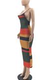 Red Sexy Striped Print Patchwork Backless Spaghetti Strap Pencil Skirt Dresses