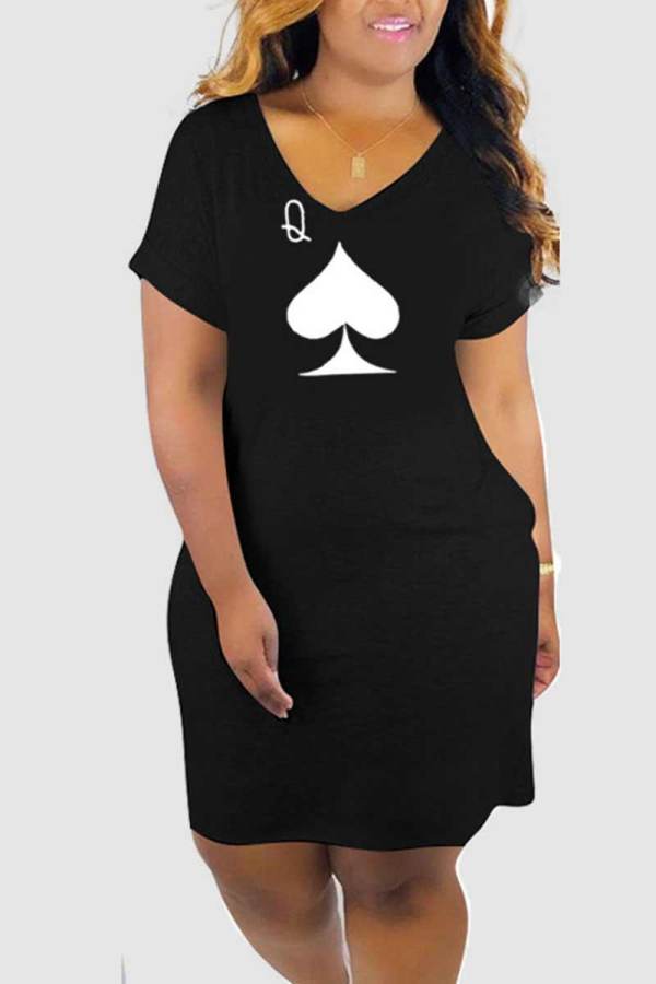Black Casual Print Patchwork V Neck Straight Dresses