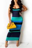 Red Sexy Striped Print Patchwork Backless Spaghetti Strap Pencil Skirt Dresses