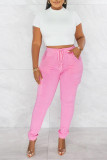 Pink Casual Solid Patchwork Pocket High Waist Pencil Solid Color Bottoms