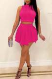 Rose Red Sexy Solid Patchwork Fold O Neck Sleeveless Two Pieces
