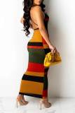 Red Sexy Striped Print Patchwork Backless Spaghetti Strap Pencil Skirt Dresses