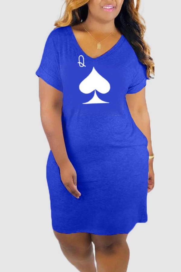 Blue Casual Print Patchwork V Neck Straight Dresses