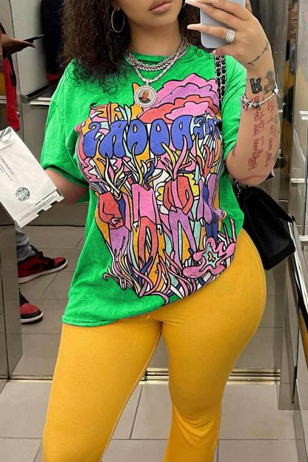Green Casual Print Patchwork O Neck T-Shirts