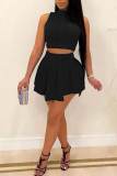 Rose Red Sexy Solid Patchwork Fold O Neck Sleeveless Two Pieces