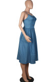 Blue Fashion Sexy Blue Spaghetti Strap Slip Swagger Mid-Calf Solid Dresses
