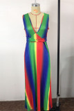 Colour Fashion Sexy Print Patchwork Slit V Neck Sleeveless Dress