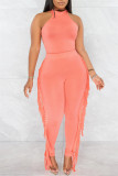 Pink Fashion Casual Solid Tassel Patchwork O Neck Sleeveless Two Pieces