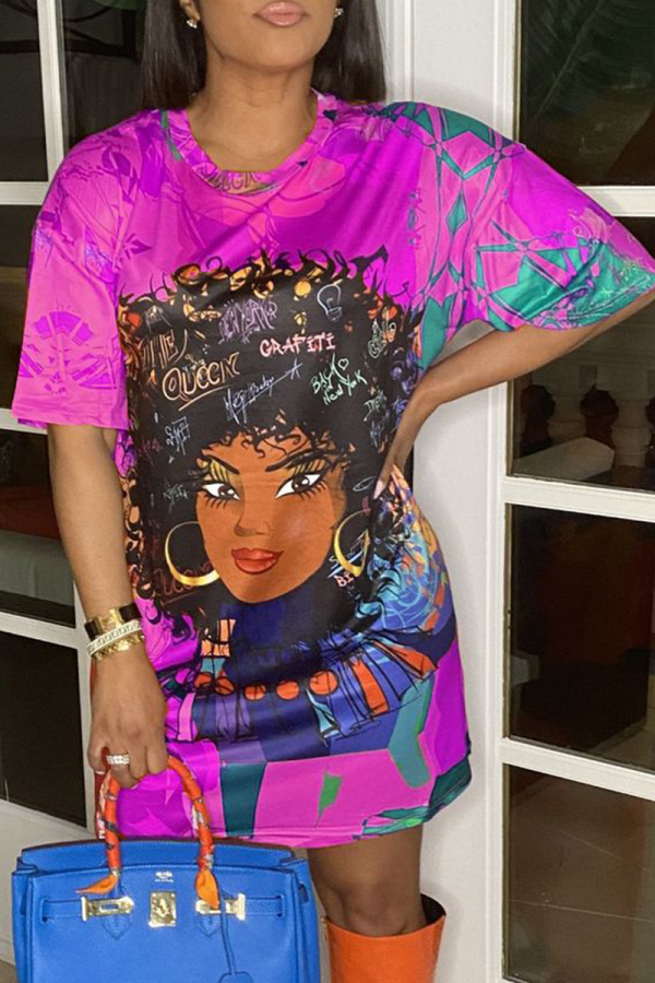 Purple Casual Print Patchwork O Neck Straight Dresses