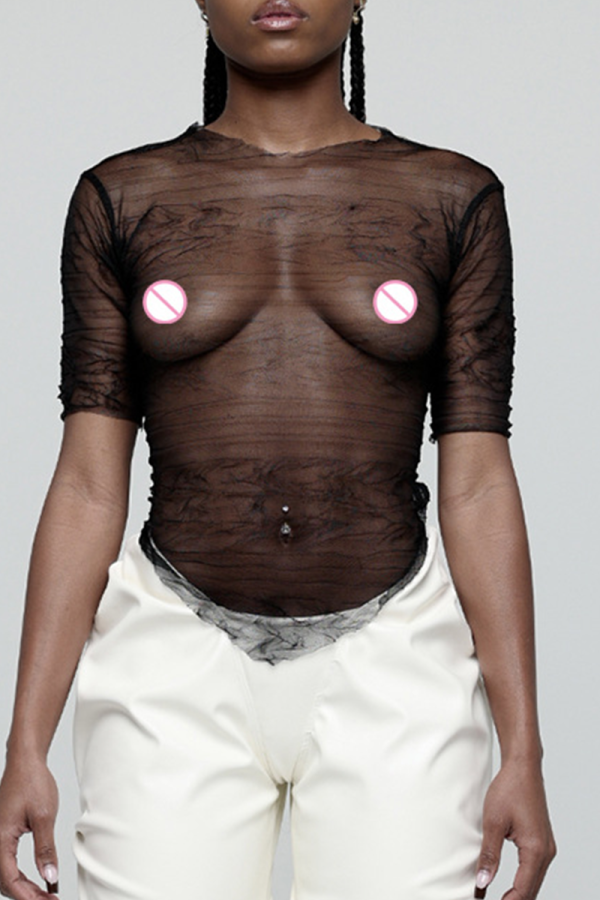 Black Sexy Solid Mesh Half A Turtleneck T-Shirts