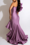 Purple Fashion Sexy Solid Patchwork Backless One Shoulder Evening Dress