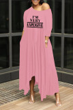 Rose Red Casual Print Patchwork Asymmetrical Oblique Collar Irregular Dress Dresses