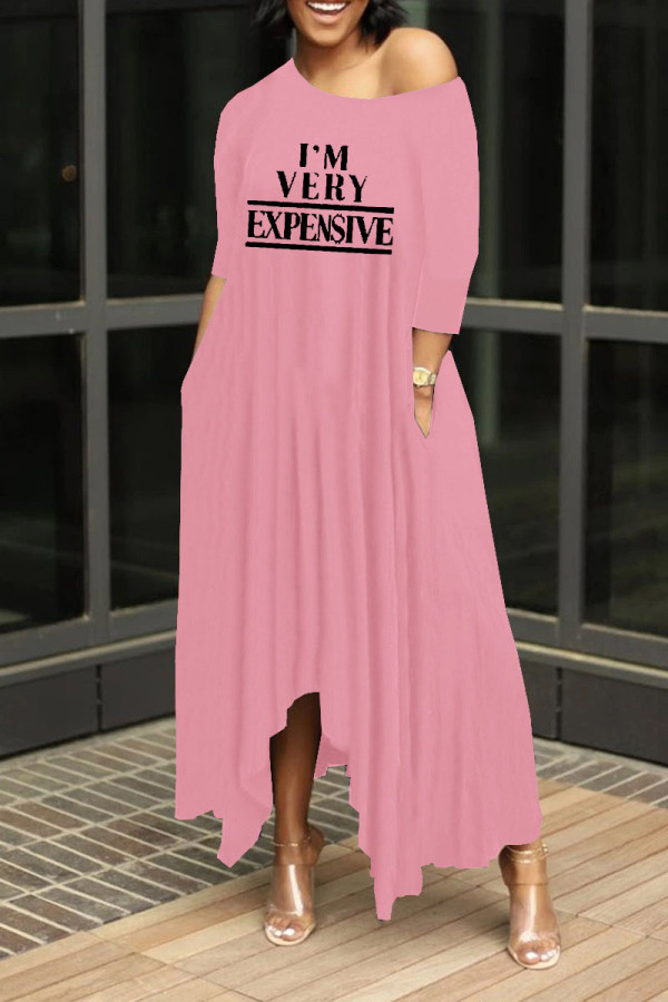 Pink Casual Print Patchwork Asymmetrical Oblique Collar Irregular Dress Dresses
