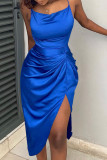 Blue Fashion Sexy Solid Patchwork Backless Slit Spaghetti Strap Sleeveless Dress