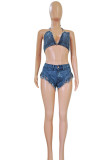 Blue Fashion Sexy Solid Bandage Backless Halter Sleeveless Two Pieces