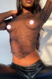 Black Sexy Solid Mesh Half A Turtleneck T-Shirts