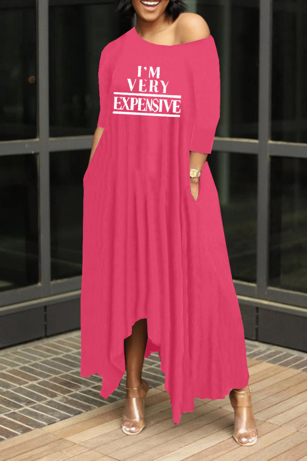 Rose Red Casual Print Patchwork Asymmetrical Oblique Collar Irregular Dress Dresses