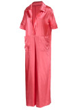 Watermelon Red Casual Solid Patchwork Turndown Collar Loose Jumpsuits
