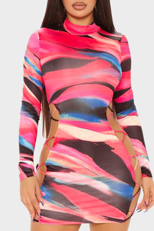 Colour Fashion Sexy Print Hollowed Out Half A Turtleneck Long Sleeve Dresses
