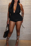 Black Fashion Sexy Solid Patchwork Backless Halter Skinny Romper