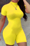Yellow Fashion Casual Solid Patchwork Basic Turtleneck Skinny Romper