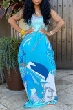 Blue Sexy Casual Print Backless Spaghetti Strap Long Dress Dresses