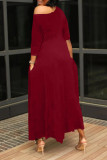 Rose Red Casual Print Patchwork Asymmetrical Oblique Collar Irregular Dress Dresses