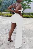 Rose Red Sexy Solid Hollowed Out Patchwork Asymmetrical Spaghetti Strap Straight Jumpsuits
