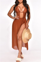 Khaki Sexy Solid Bandage Hollowed Out Patchwork Backless Halter Beach Dress
