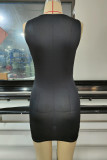 Black Sexy Print Patchwork U Neck Pencil Skirt Dresses