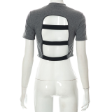 Grey Fashion Print Backless O Neck T-Shirts