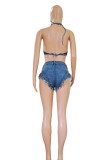 Blue Fashion Sexy Solid Bandage Backless Halter Sleeveless Two Pieces