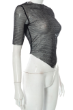 Black Sexy Solid Mesh Half A Turtleneck T-Shirts