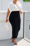 Black And White Casual Solid Patchwork V Neck One Step Skirt Dresses