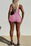 Pink Sexy Print Patchwork O Neck Sleeveless Two Pieces