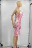 Colour Sexy Print Patchwork Spaghetti Strap One Step Skirt Dresses