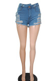 Blue Casual Street Solid Ripped Patchwork High Waist Denim Shorts