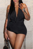 Black Fashion Sexy Solid Patchwork Backless Halter Skinny Romper
