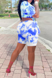 Pink Casual Print Tie-dye V Neck Short Sleeve Two Pieces