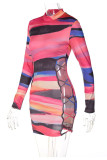 Colour Fashion Sexy Print Hollowed Out Half A Turtleneck Long Sleeve Dresses