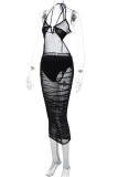 Black Sexy Solid Bandage Patchwork See-through Backless Halter Sling Dress Dresses