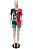 Red Fashion Casual Letter Print Patchwork O Neck Short Sleeve Two Pieces
