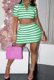 Red Sexy Striped Print Patchwork Zipper Collar Short Sleeve Two Pieces