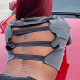 Grey Fashion Print Backless O Neck T-Shirts