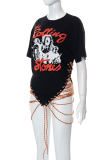 Black Fashion Print Bandage O Neck T-Shirts